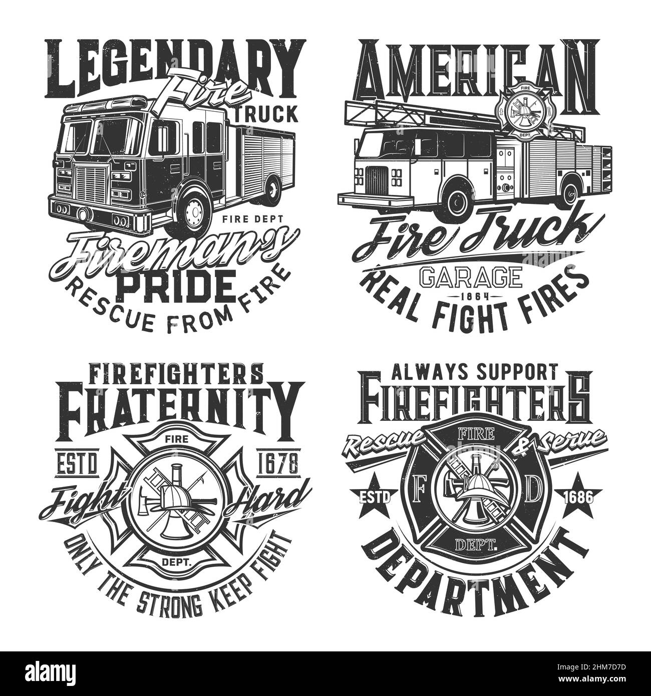 Imprimé t-shirt pompier, emblème de borne d'incendie et d'emblème de vecteur croisé. Service américain de lutte contre l'incendie garage et les slogans de sauvetage de moteurs d'incendie, helme Illustration de Vecteur