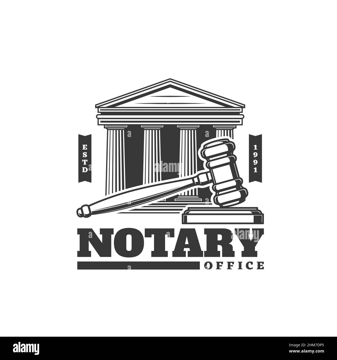 Icône de bureau de notaire avec juge gavel et tribunal d'avocat, signe de vecteur de législation. Services de notaire d'avocat ou de cabinet juridique, juridique et jurisprudentic Illustration de Vecteur