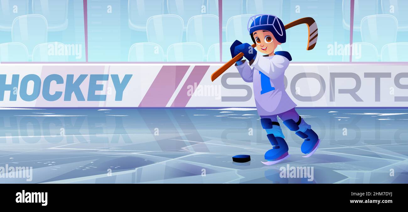 Patinoire de hockey avec un joueur de garçon dans un casque et des patins. Dessin animé vectoriel du stade de sport public avec terrain de glace, bancs et enfant avec rondelle et bâton de hockey Illustration de Vecteur