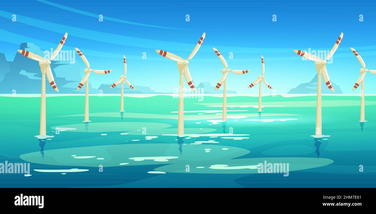 Parc éolien offshore avec turbines en mer. Illustration vectorielle de la production d'énergie alternative, des ressources énergétiques durables. Paysage océanique de dessin animé et moulins à vent dans l'eau Illustration de Vecteur Parc éolien offshore avec turbines en mer. Illustration vectorielle de la production d'énergie alternative, des ressources énergétiques durables. Paysage océanique de dessin animé et moulins à vent dans l'eau Illustration de Vecteur