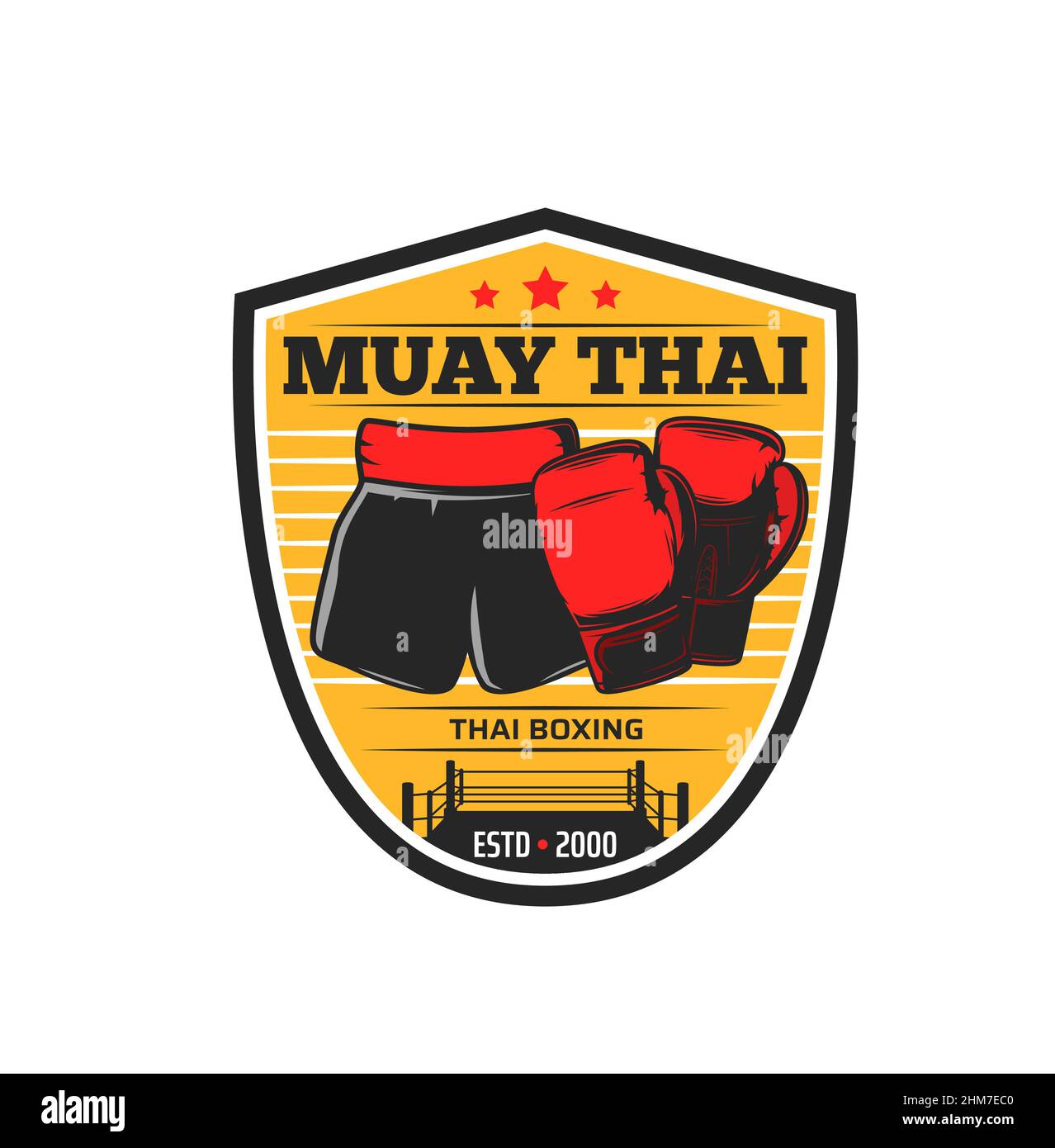 Icône Muay thai, emblème des arts martiaux et du sport de combat. Gants de boxe, anneau et short sur l'étiquette de bouclier. Combats simples, kickboxing thaïlandais Illustration de Vecteur