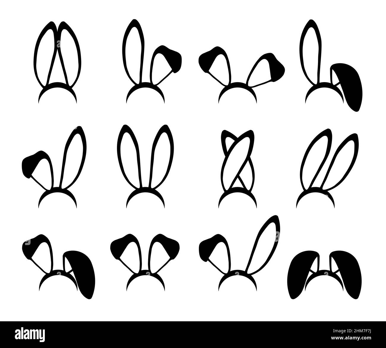 Jeu d'illustrations vectorielles silhouettes pour oreilles de lapin. Serre-tête de lapin Ears de Pâques pour enfant, collection de masques. Élément de dessin animé de contour de costume de lièvre. Éditeur de photos, Illustration de Vecteur