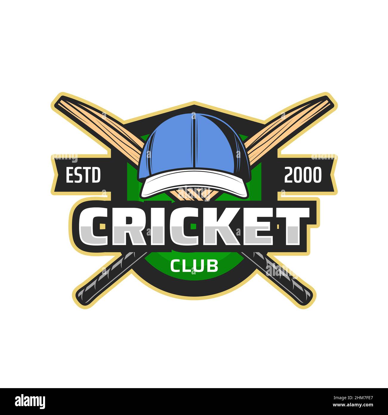 Icône du club de cricket avec articles de sport pour le tournoi ou l'emblème de l'équipe, Vector. Badge de championnat de cricket avec battes croisées et joueur de cricket ou ba Illustration de Vecteur