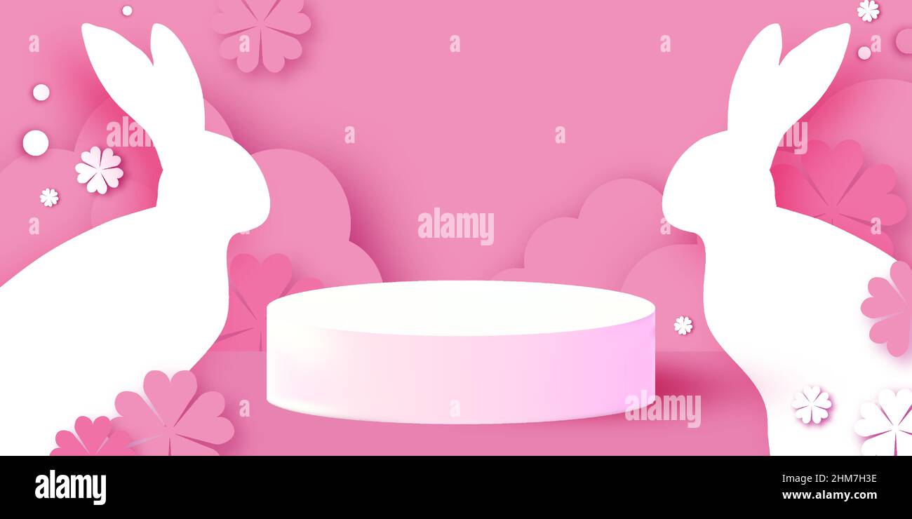 Joyeux lapin de Pâques. 3D scène de podium ou piédestal sur bg rose avec lapin coupé en papier, nuage et fleur. Motif Pâques tendance. Style moderne de coupe de papier Illustration de Vecteur