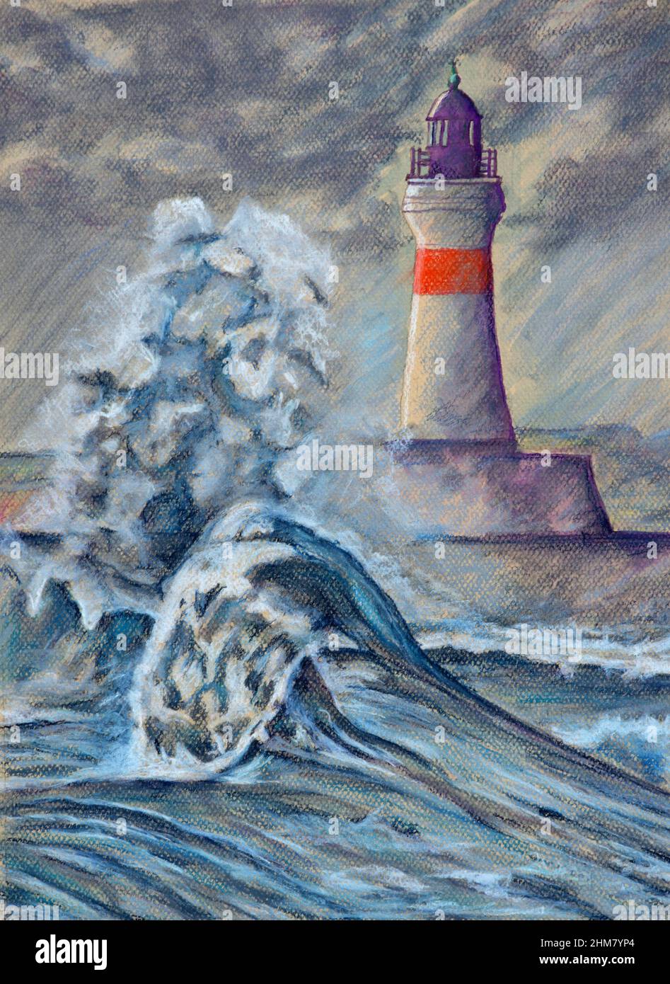 Peinture pastel de la mer d'orageux avec de grandes vagues et le phare. Banque D'Images