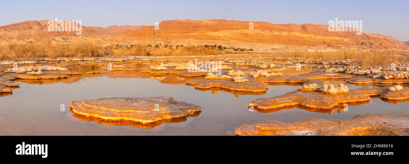 Mer Morte Panorama Israël sel îles lever de soleil matin paysage nature vacances Banque D'Images