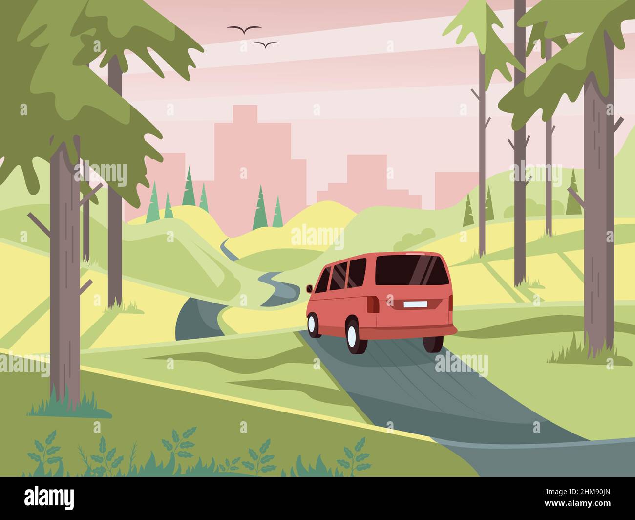 Paysage printanier avec vue sur la ville, la route et la voiture. Voyage en voiture. Illustration vectorielle dans un style plat. Illustration de Vecteur