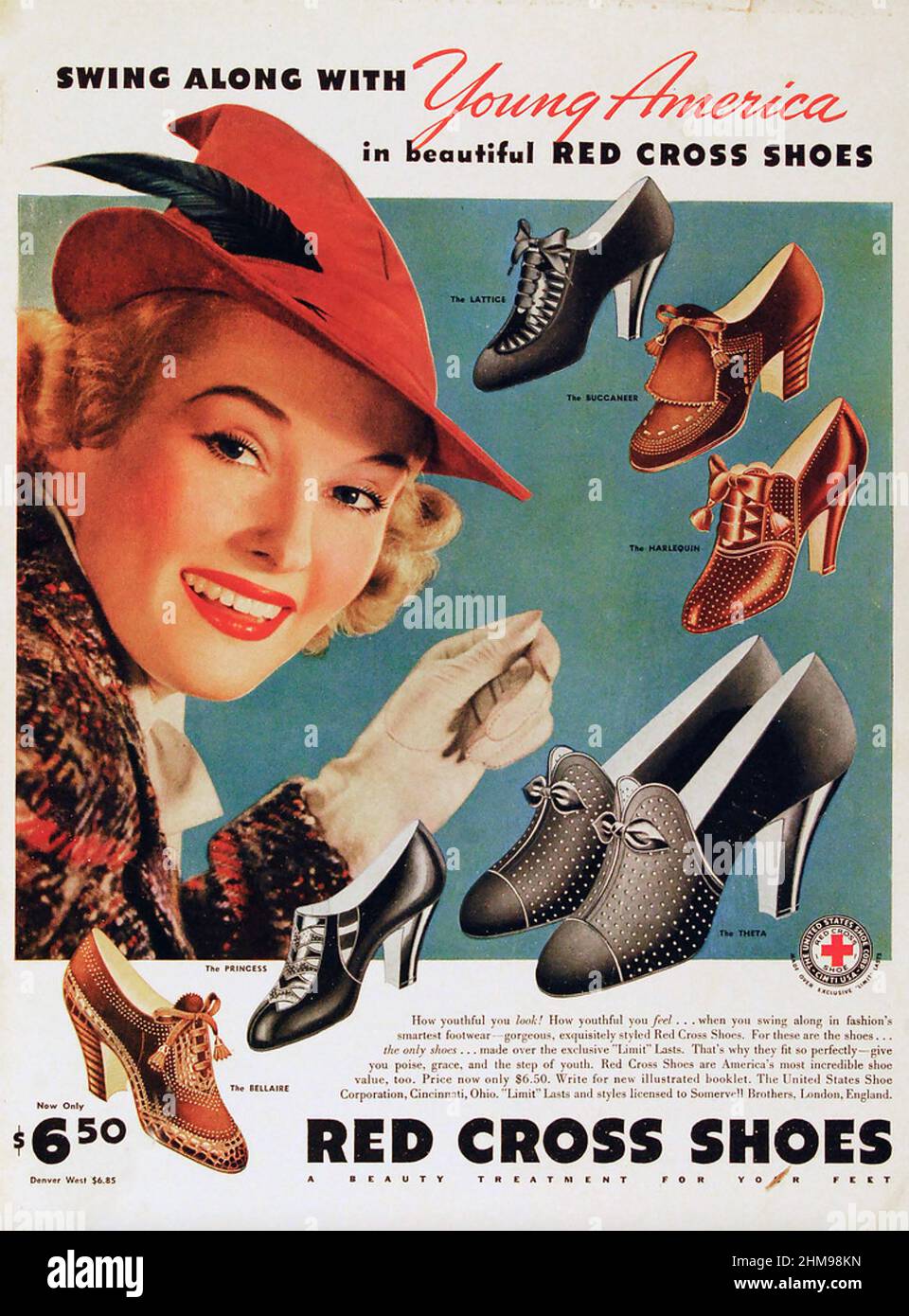 RED CROSS SHOES Une marque de United States Shoe Corporation dans une publicité de 1938. La compagnie a abandonné le nom au début de WW2 pour sauver la confusion avec la Croix-Rouge. Banque D'Images
