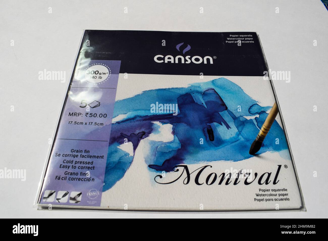 La marque Canson Montaval aquarelle 300 g/m2 fabriquée en France, commercialisée en Inde, gratuite avec la vue avant de la société doms Stationary Banque D'Images