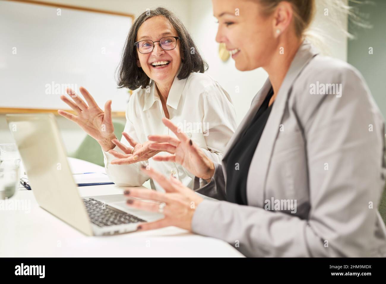 Deux femmes d'affaires à l'ordinateur portable discutant d'une idée créative pour le développement de site Web Banque D'Images