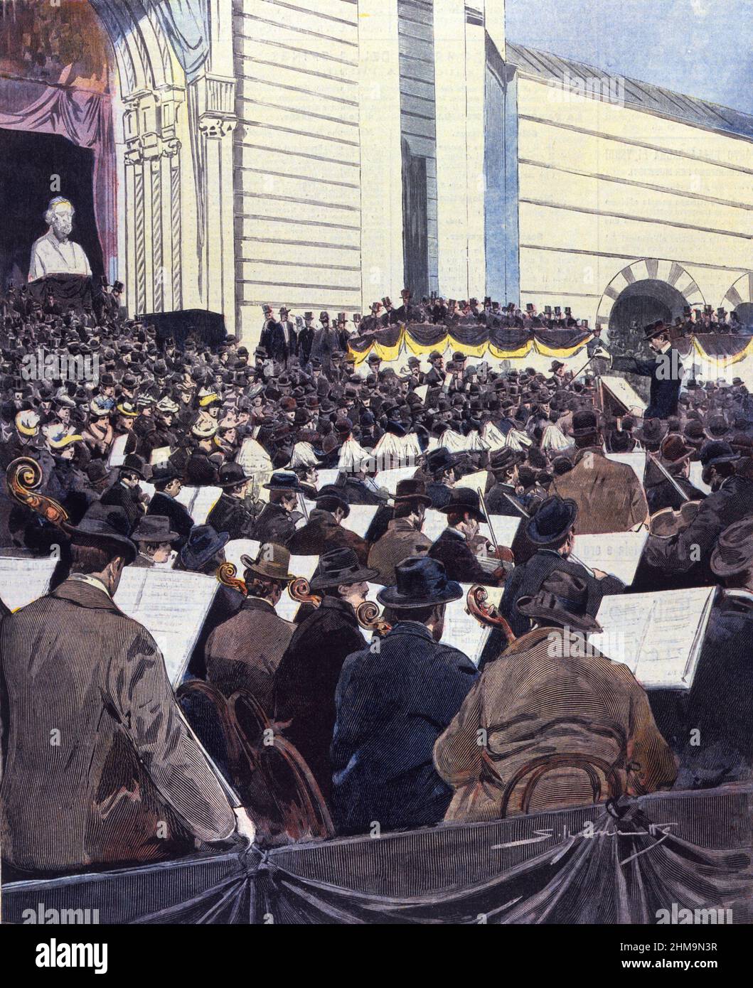 Les funérailles de Giuseppe Verdi. Arturo Toscanini dirige le Chœur de Nabucco au cimetière monumental Milan - Illustration de 1901 dans ' Tribuna Illustrata ' - les funérailles de Giuseppe Verdi. Arturo Toscanini dirige le chœur de Nabucco au cimetière monumental de Milan - 1901 de Tribuna Illustrata Banque D'Images