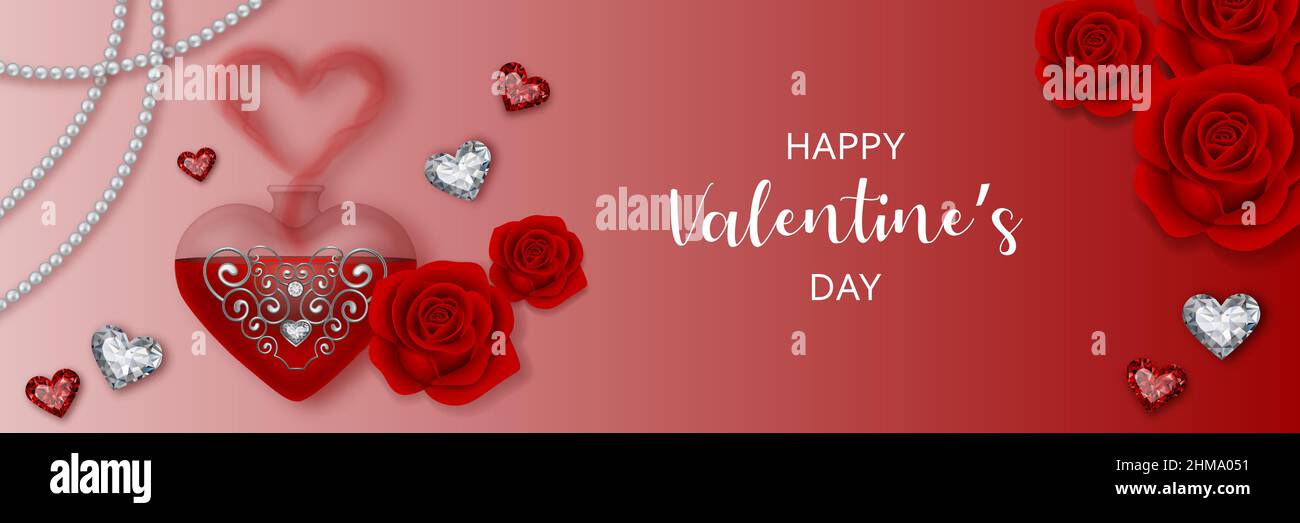 Bannière de la Saint-Valentin avec cadenas d'amour, potion, diamants, perles et roses rouges. Illustration de Vecteur