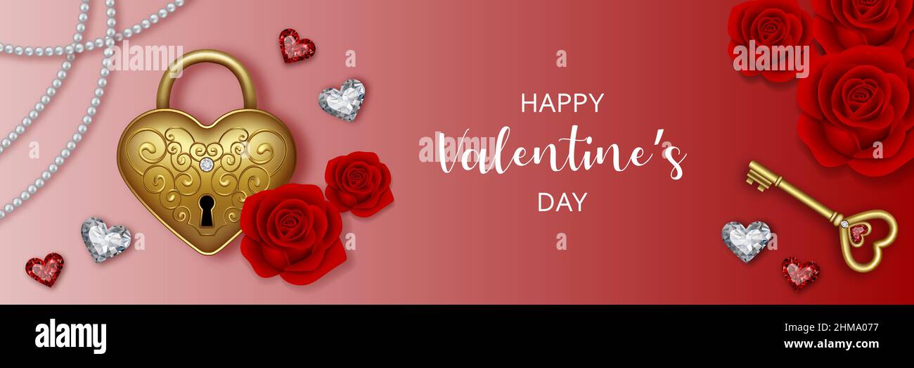 Bannière de la Saint-Valentin avec cadenas d'amour, potion, diamants, perles et roses rouges. Illustration de Vecteur