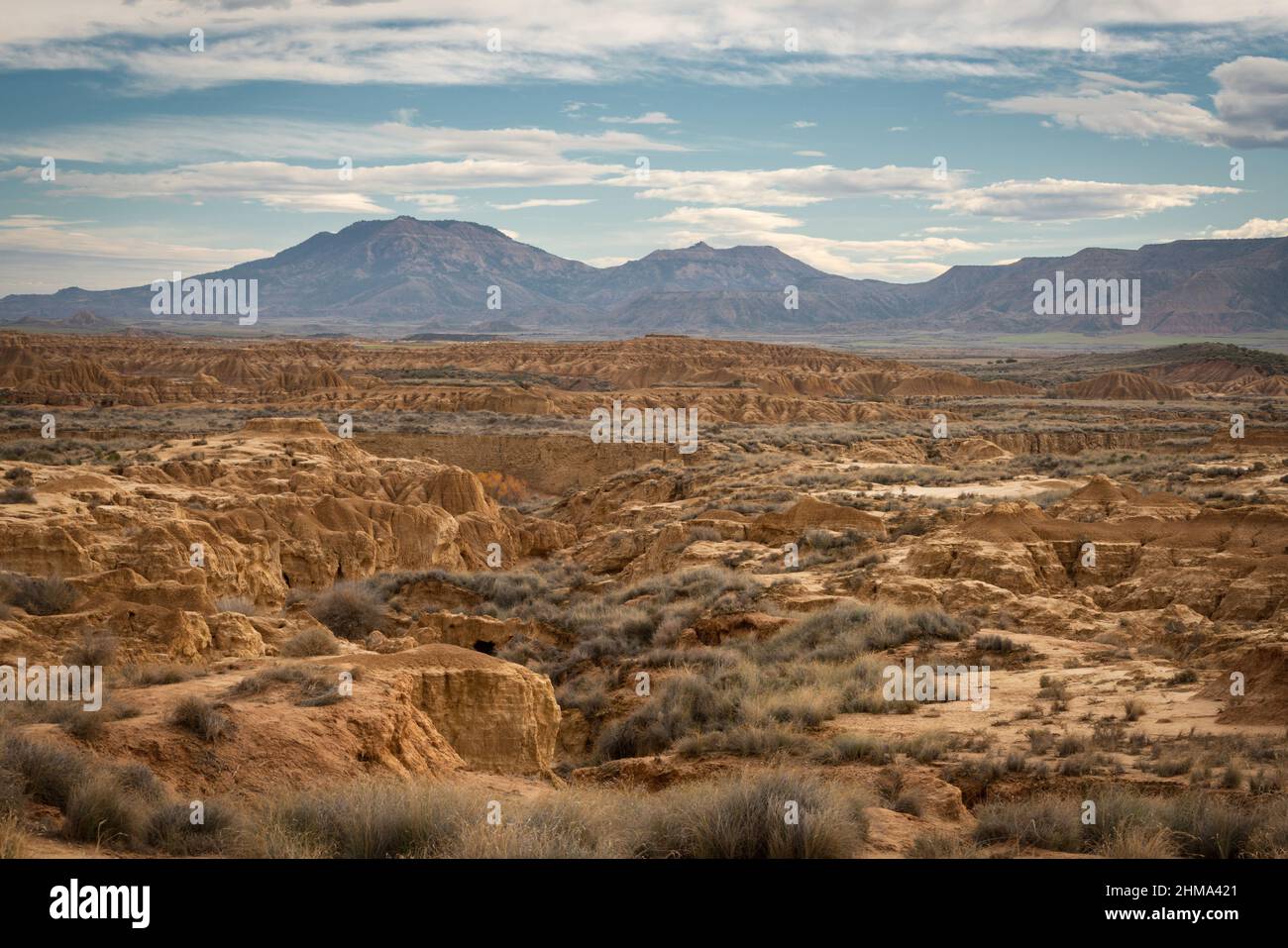 Vue panoramique sur l'herbe sèche dans la vallée du désert avec des formations rocheuses et une zone stérile dans le parc national de Bardenas Reales à Navarre en Espagne Banque D'Images