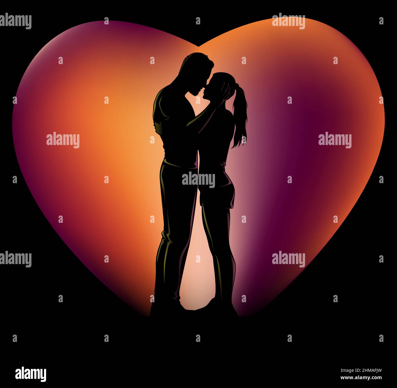 Silhouette de couple romantique sur coucher de soleil couleurs fond en forme de coeur. Illustration vectorielle Illustration de Vecteur