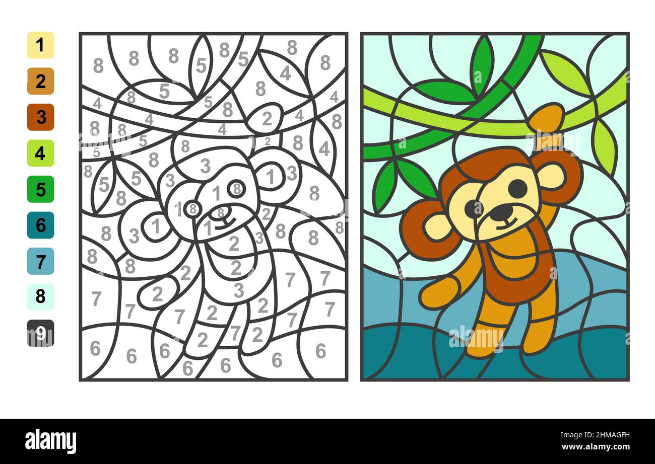 Simple vecteur de coloriage zoo animal singe, couleur par nombres. Jeu de puzzle pour l'éducation des enfants Illustration de Vecteur