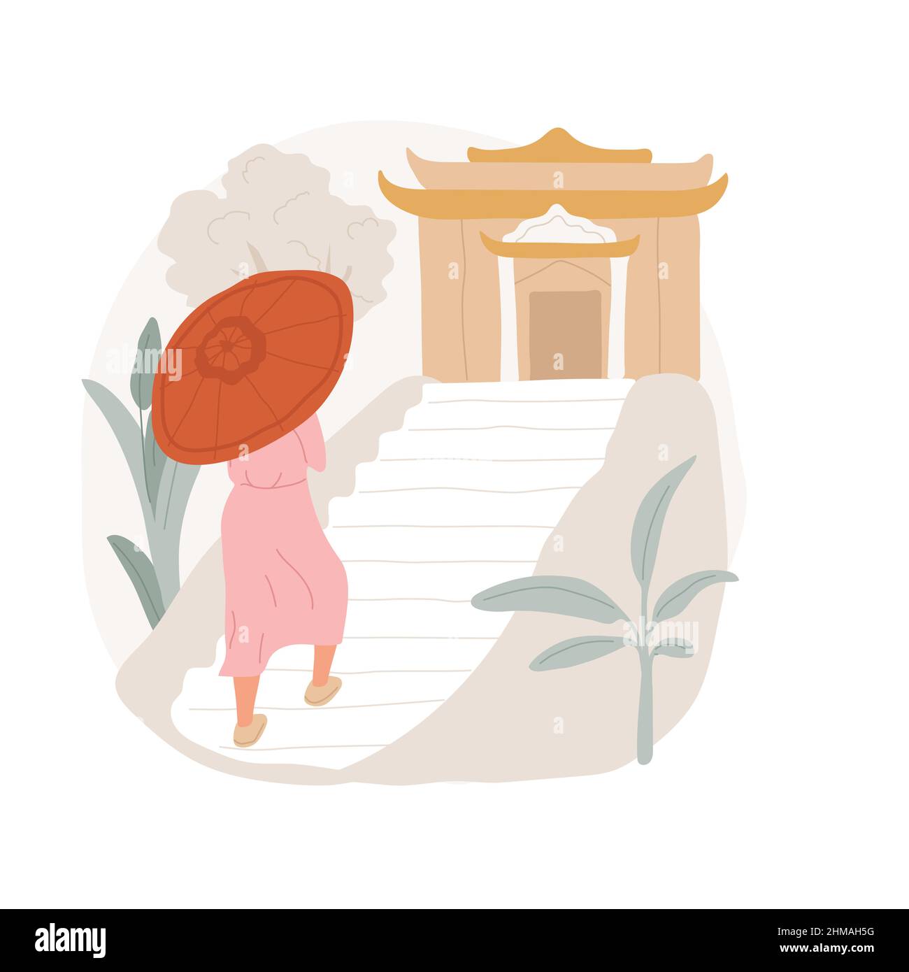 Visite d'une illustration vectorielle abstraite de concept de temple. Touriste bouddhiste avec parapluie visitant un lieu Saint, temple présent, pèlerinage religieux, pratiques spirituelles métaphore abstraite. Illustration de Vecteur