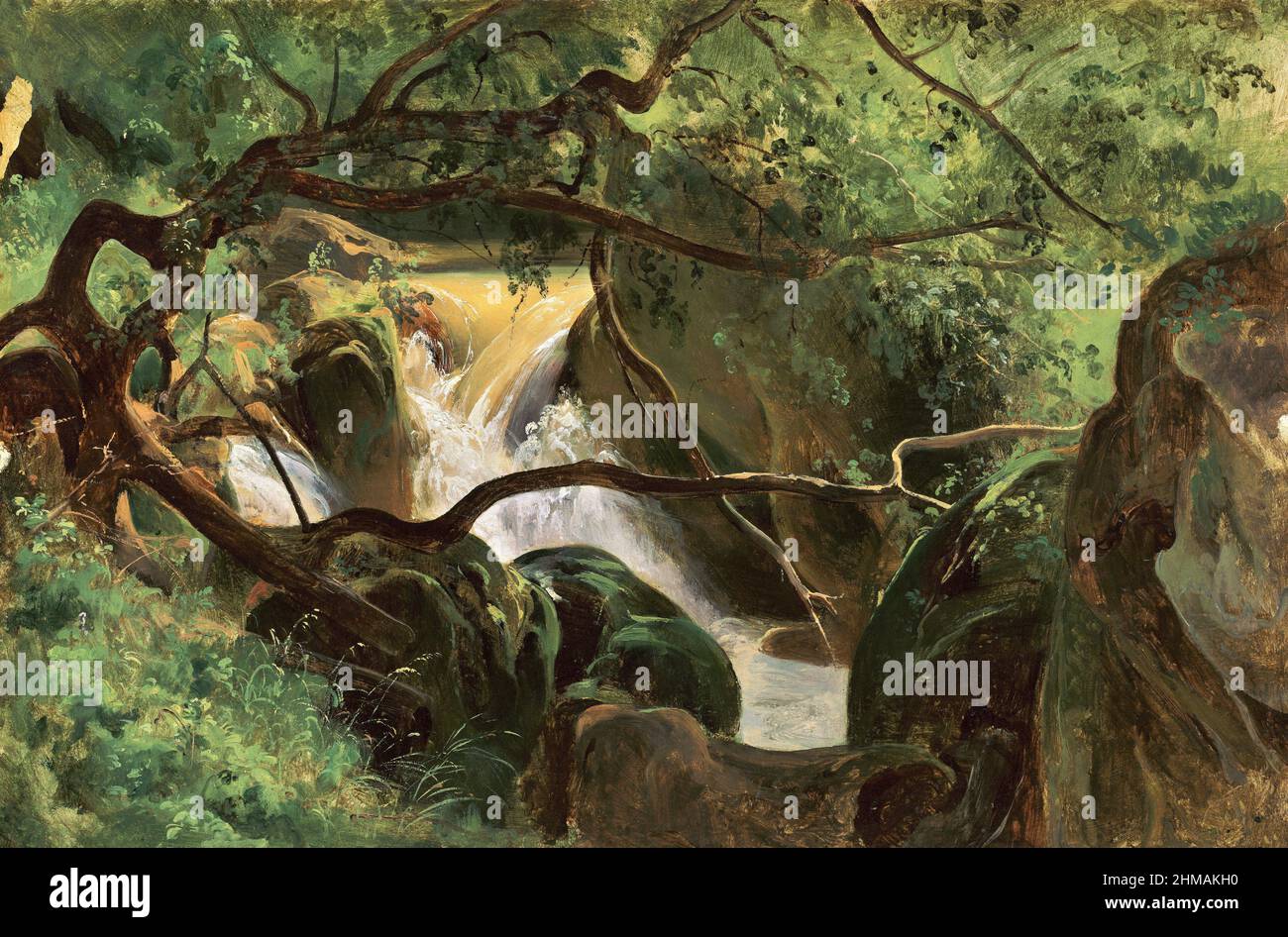 Intérieur de la forêt avec une chute d'eau, Papigno par l'artiste français André Giroux (1801-1879), huile sur papier, 1825/30 Banque D'Images