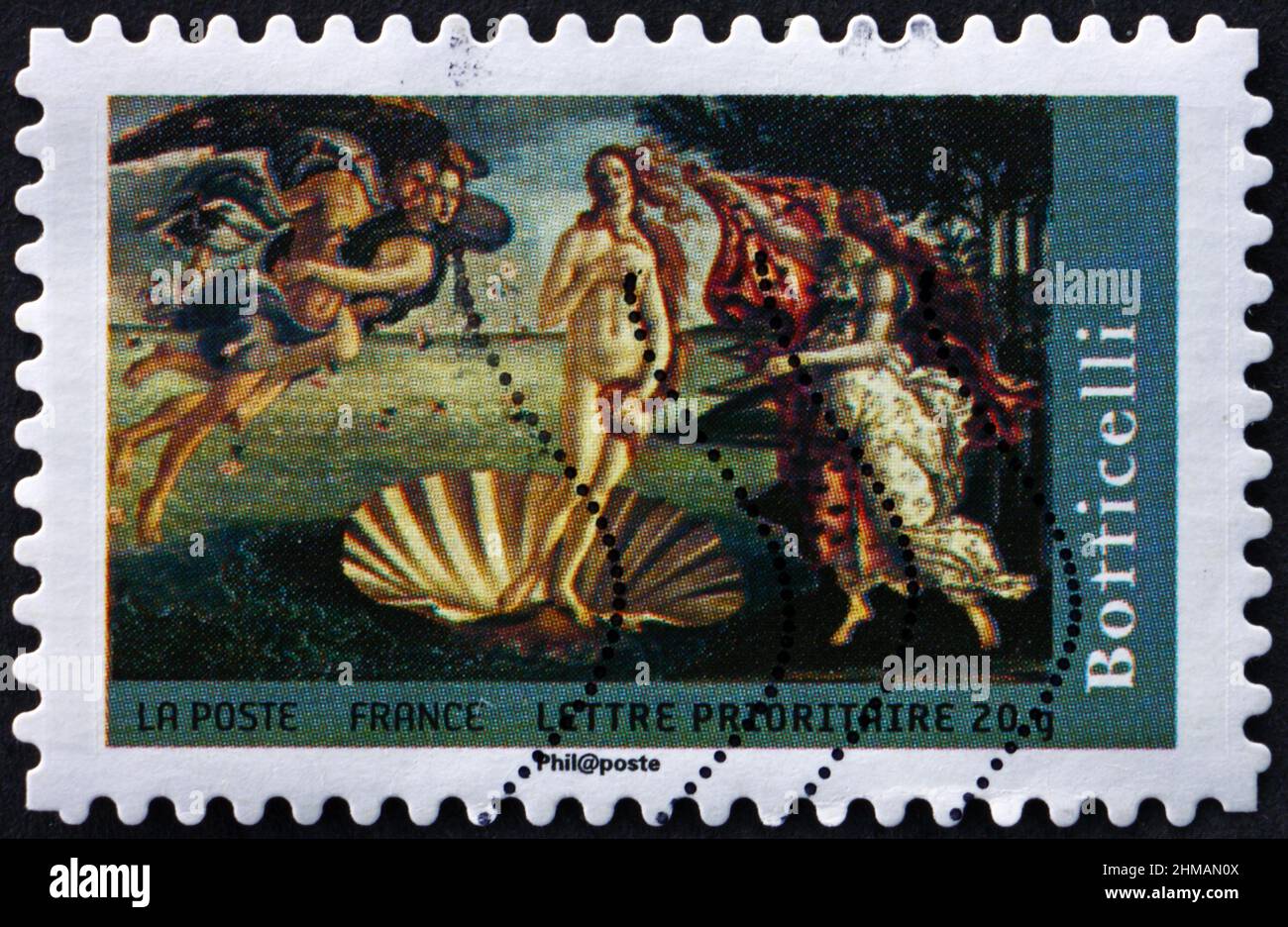 FRANCE - VERS 2008 : un timbre imprimé en France montre la naissance de Vénus, peinture de Sandro Botticelli, peintre italien, vers 2008 Banque D'Images