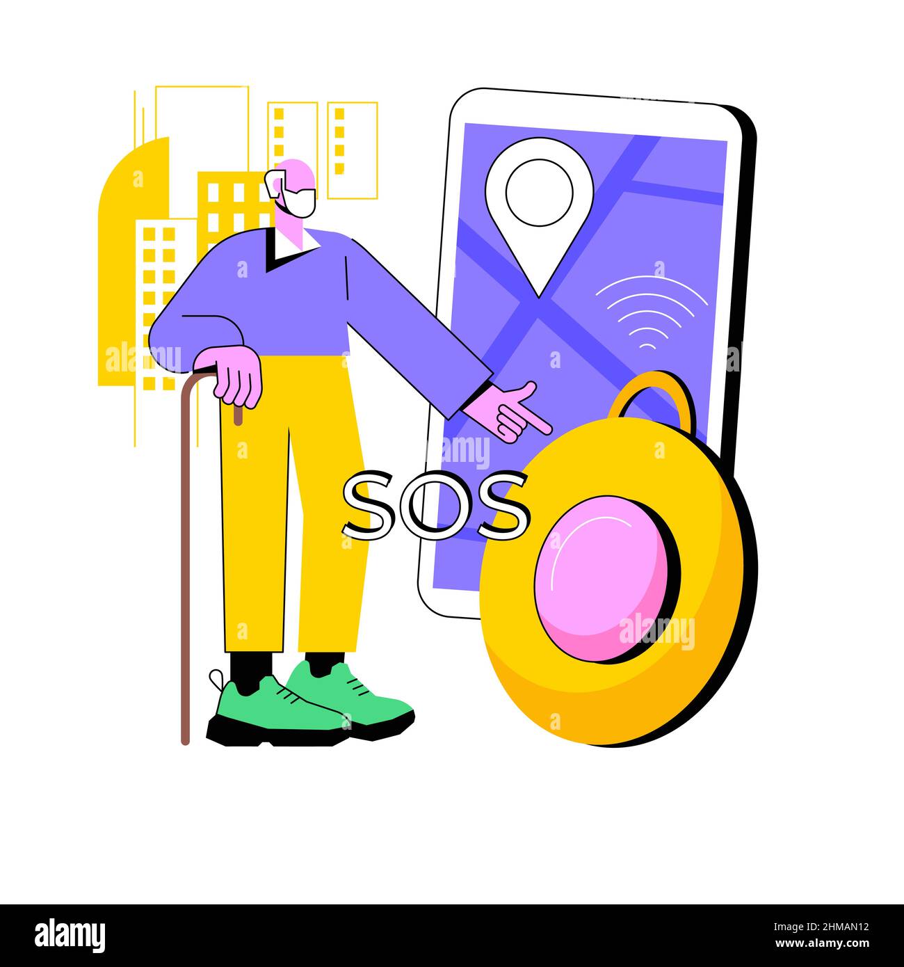 Illustration du vecteur de concept abstrait du bouton d'urgence personnel.Bouton GPS SOS intégré, solution de sécurité personnelle, appareil portable, soin de vos enfants et métaphore abstraite de la vie des aînés. Illustration de Vecteur