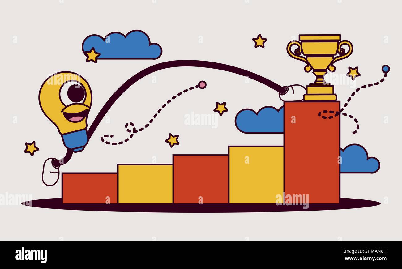 Objectif de réalisation défi de carrière scénario plat illustration. Le personnage marche les pas vers la coupe d'or. L'ambition du leader de la réussite professionnelle. G Illustration de Vecteur