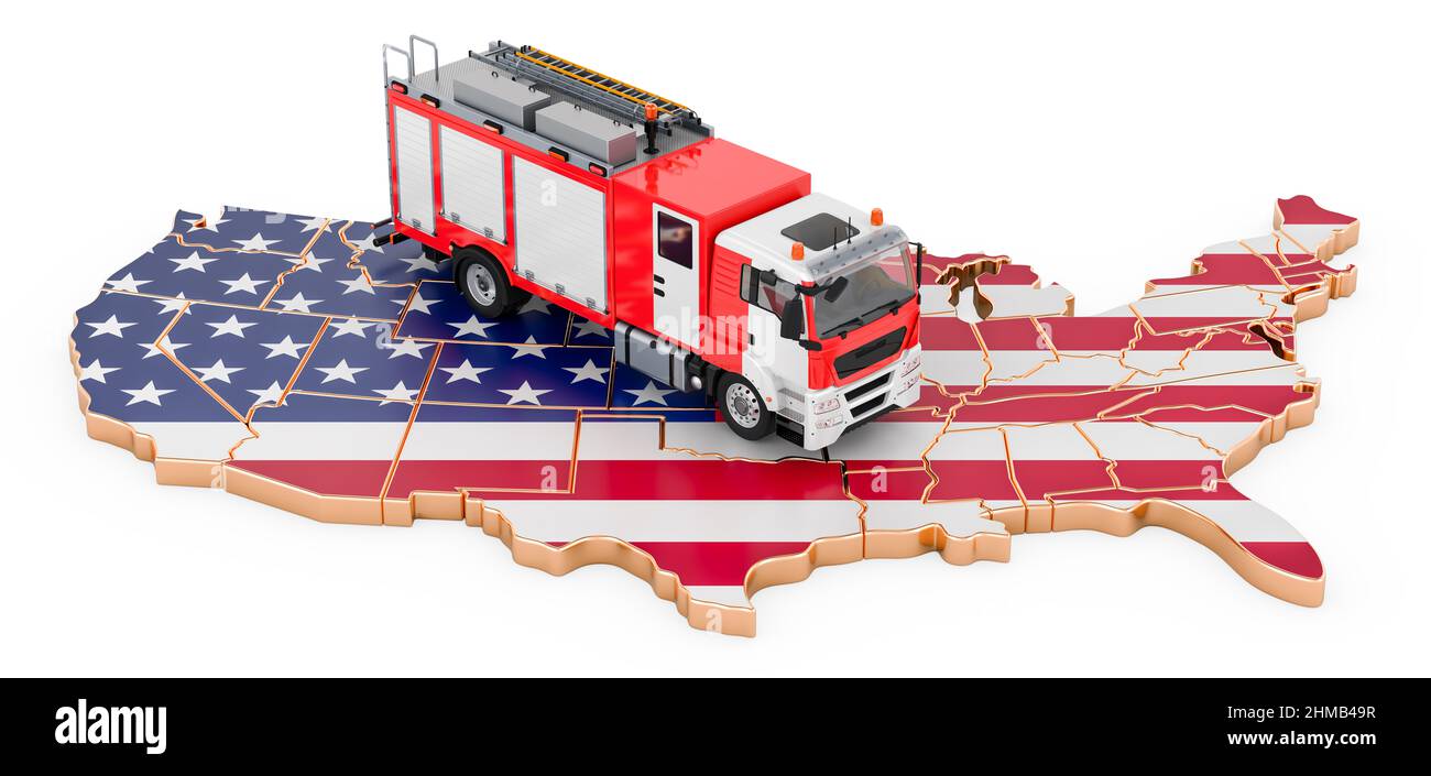 Pompiers aux États-Unis. Allumer le chariot à moteur sur la carte des États-Unis. 3D rendu isolé sur fond blanc Banque D'Images