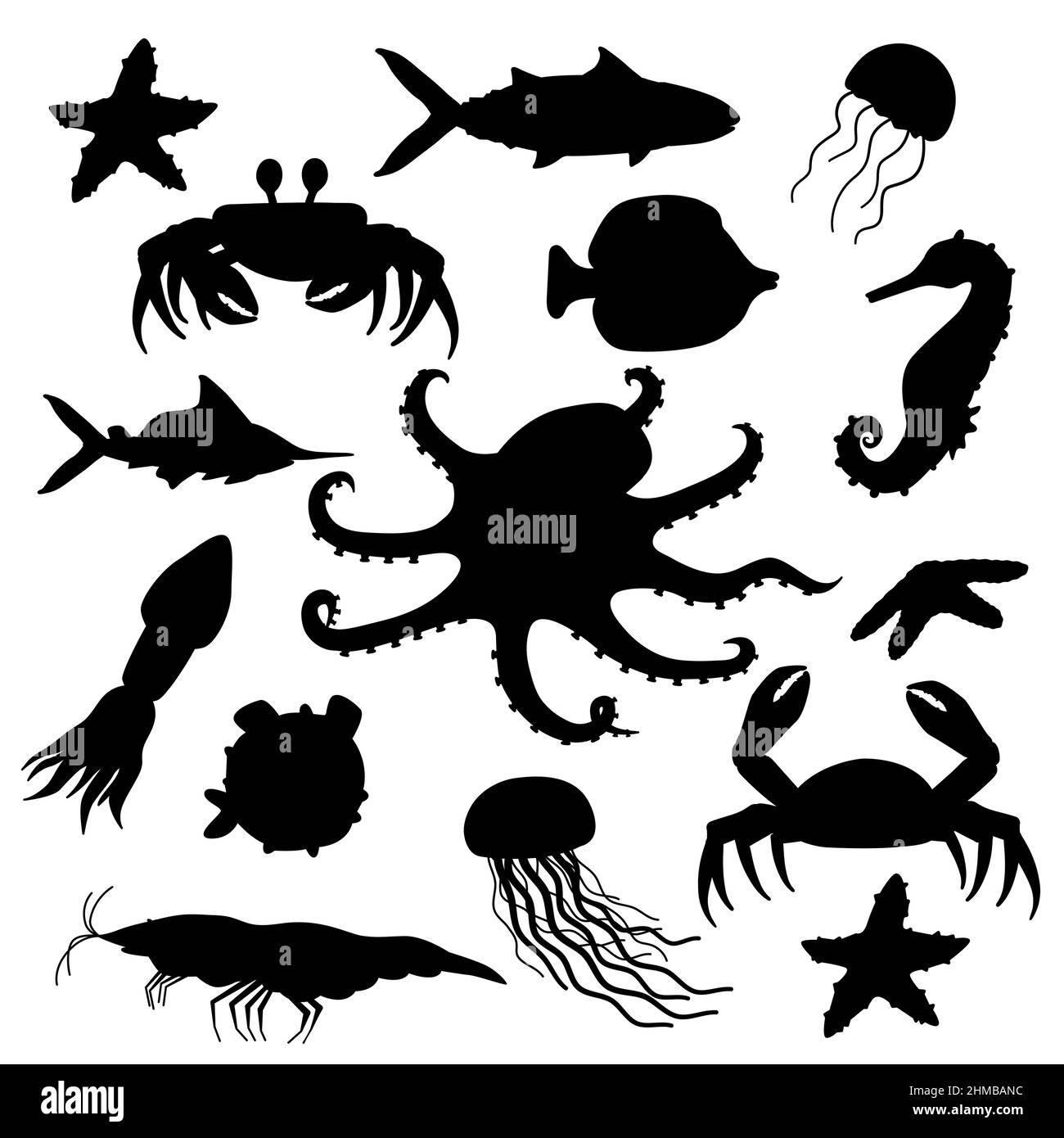 Ensemble de dessin animé noir blanc silhouette isolée mer mer forme animaux. Doodle vecteur crevettes, cheval de mer, méduses étoiles de poisson, crabe, pieuvre en plat s Illustration de Vecteur