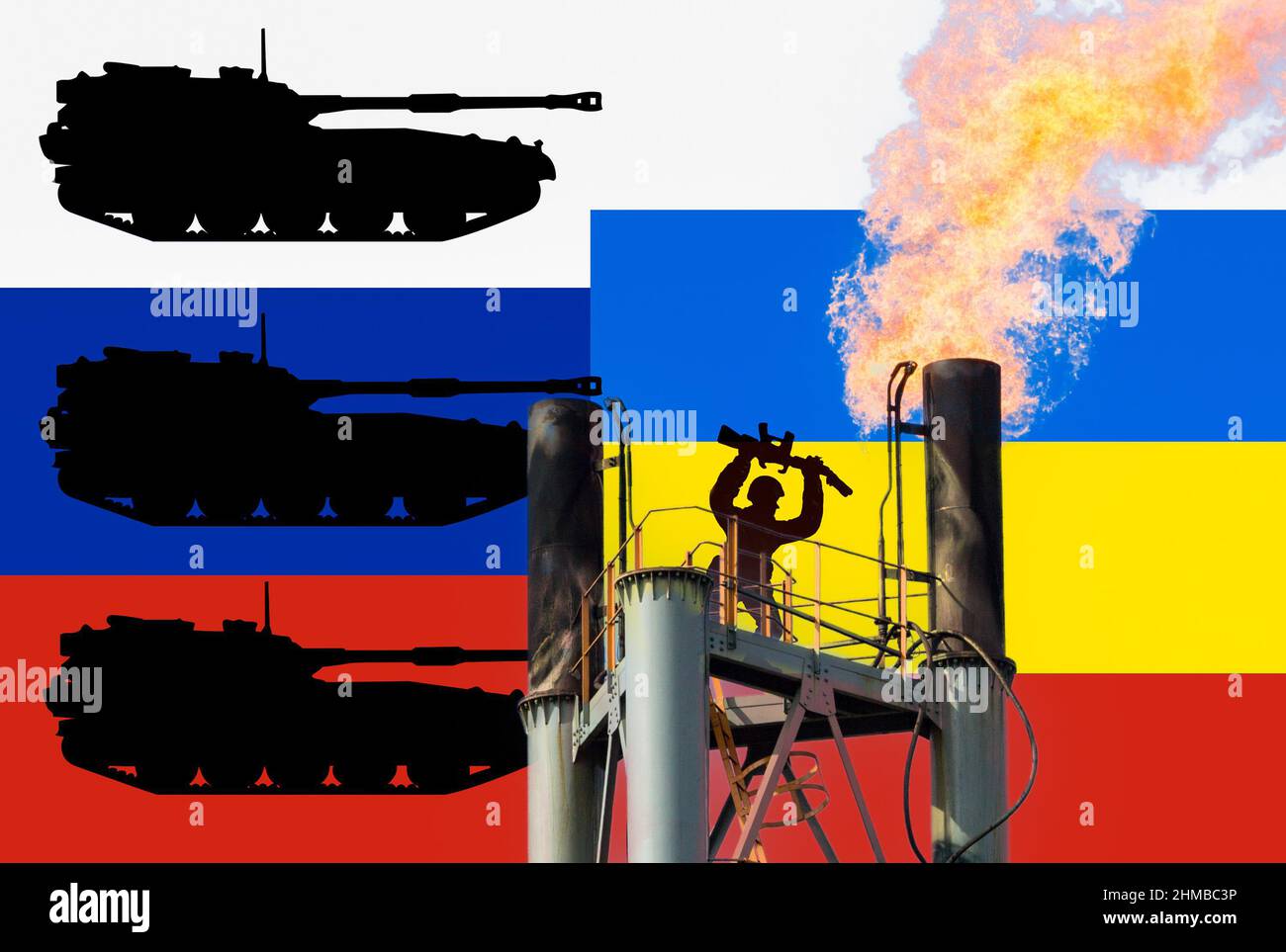 Drapeaux de la Russie et de l'Ukraine. Conflit, guerre, approvisionnement en gaz, invasion... concept Banque D'Images