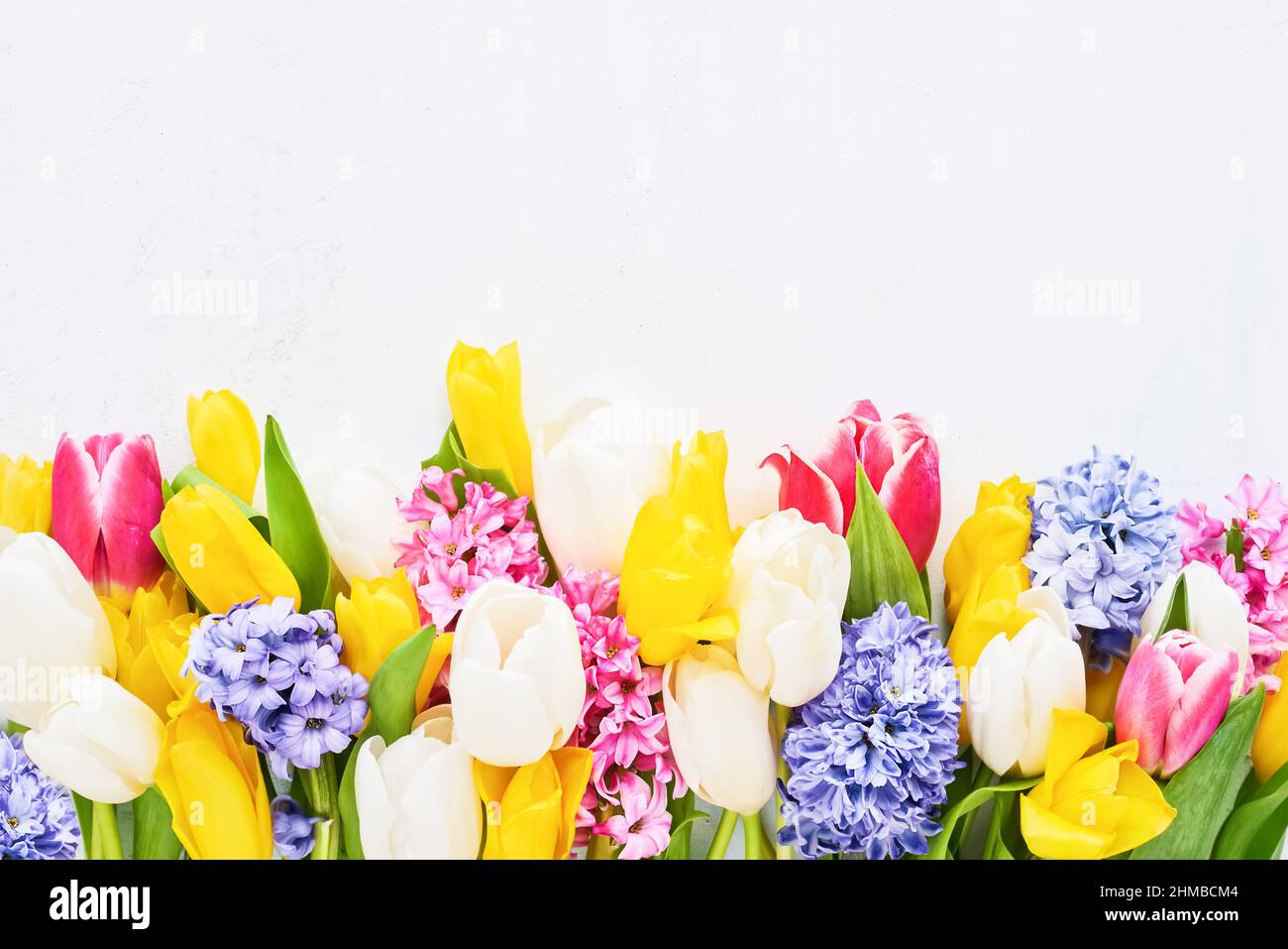 Bouquet de tulipes et de jacinthe sur fond clair. Concept de fête des mères, de fête de la Saint-Valentin, de célébration d'anniversaire. Vue de dessus, espace de copie pour le texte. Banque D'Images