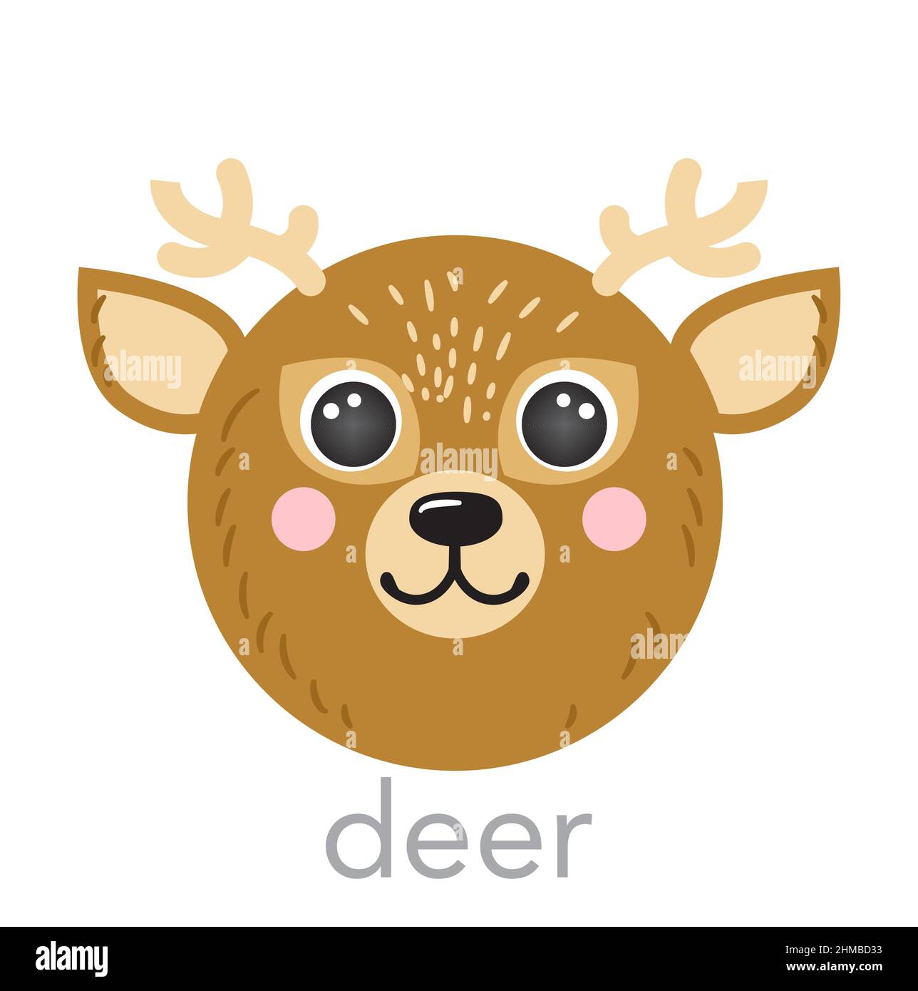 Cerf mignon portrait avec le nom texte tête sourire dessin animé forme ronde visage animal, avatar isolé vecteur icônes illustrations. Affiche plate simple dessinée à la main pour enfants, application ui, t-shirts, vêtements pour bébés Illustration de Vecteur