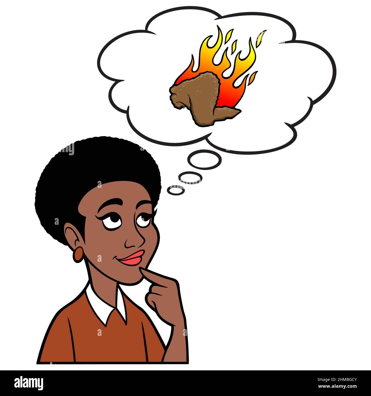 Black Woman Thing about Hot Wings - Une illustration de dessin animé d'une Black Woman Thing about Hot Wings for Dinner. Illustration de Vecteur