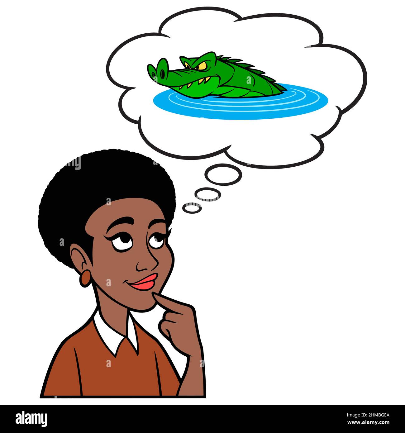 Femme noire pensant à un alligator - Une illustration de dessin animé d'une femme noire pensant à un alligator dans la nature. Illustration de Vecteur