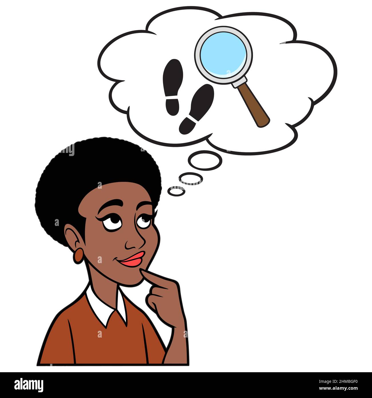Une femme noire pense à une enquête sur un crime - Illustration d'une femme noire pense à une enquête sur un crime en cours. Illustration de Vecteur
