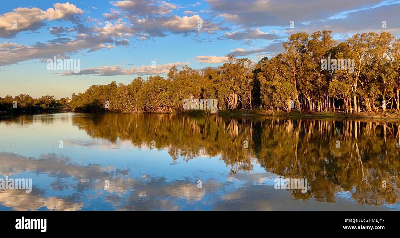 Le ciel et les nuages spectaculaires de la fin de l'après-midi se reflètent de façon spectaculaire avec les gommiers le long de la rive sur la Murray River en Australie, près de Mildura Banque D'Images