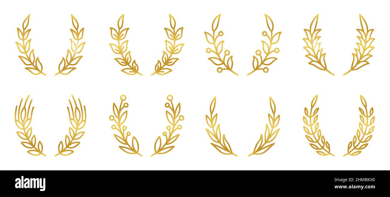 Ensemble couronne branche or. Etiquetez l'élément gerb héraldique. Signe du prix de la réussite. Cercle d'épillet Laurel. Kit de ligne gagnant d'objet à feuilles naturelles. Succès de la récompense Plant Pattern. Cadre en forme de rond de badge vintage Illustration de Vecteur