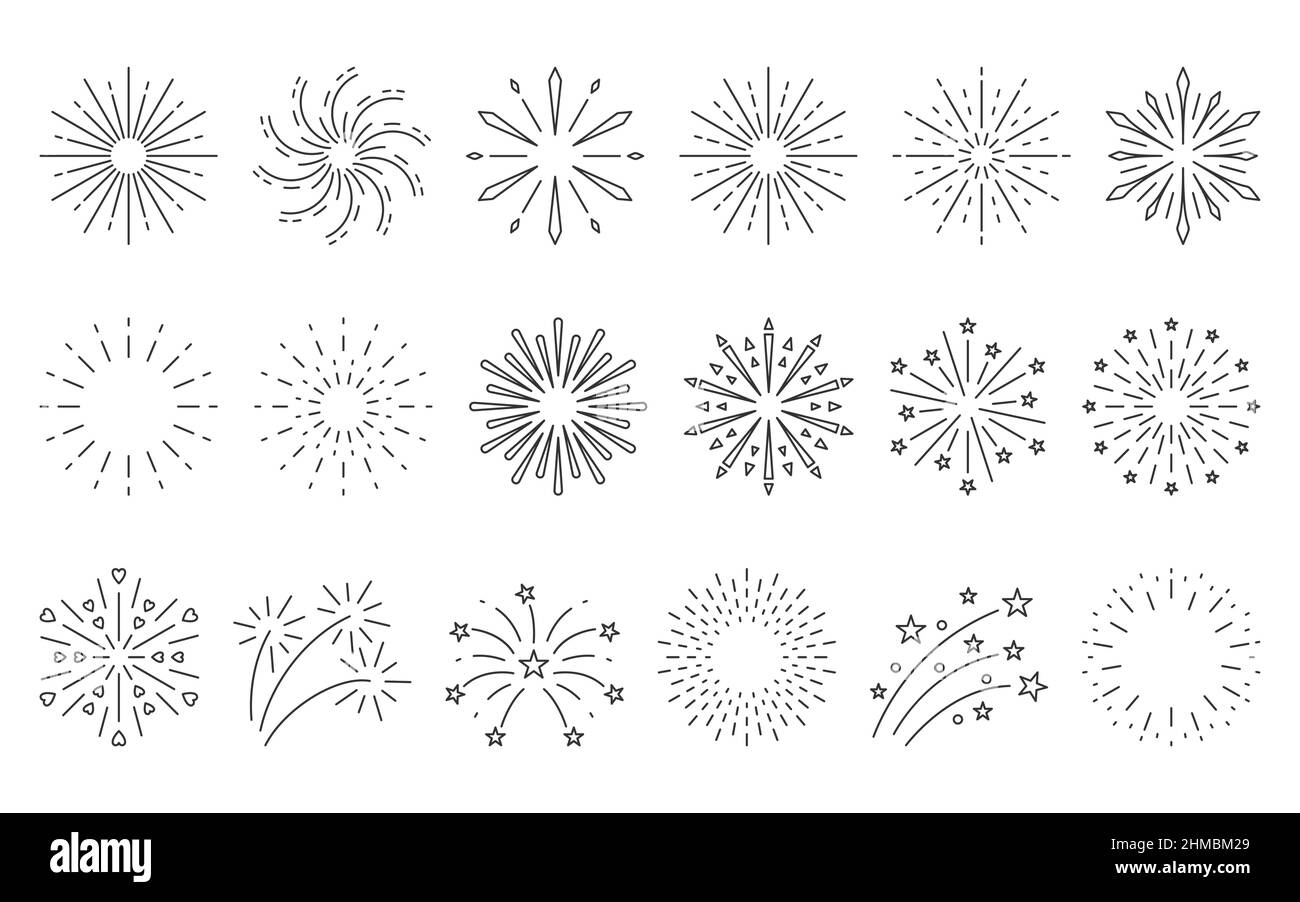 Ensemble de lignes noires à faisceau de boho scintillant et feu d'artifice. Vintage explosion étincelle lever de soleil étoile brillant signe abstrait élément cercle radial linéaire course. Contour Noël flash isolé sur blanc Illustration de Vecteur