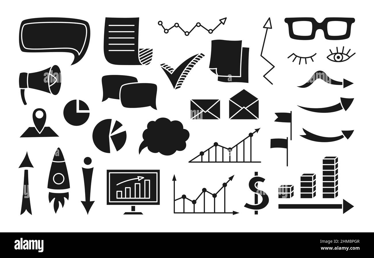 Les médias sociaux, les graphiques et les symboles de graphique dessinés doodle glyph set. Stencil de timbre de bande dessinée, imprimer l'école et l'étude, élément de carnet de notes de l'agenda de mémo. Affaires, étude, créativité, Internet silhouette travail impression Illustration de Vecteur