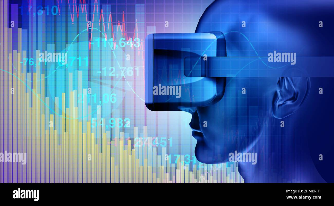 Virtual Reality Investor et VR en ligne investisseur ou marché boursier d'Internet dans le métaverse avec 3D éléments d'illustration. Banque D'Images