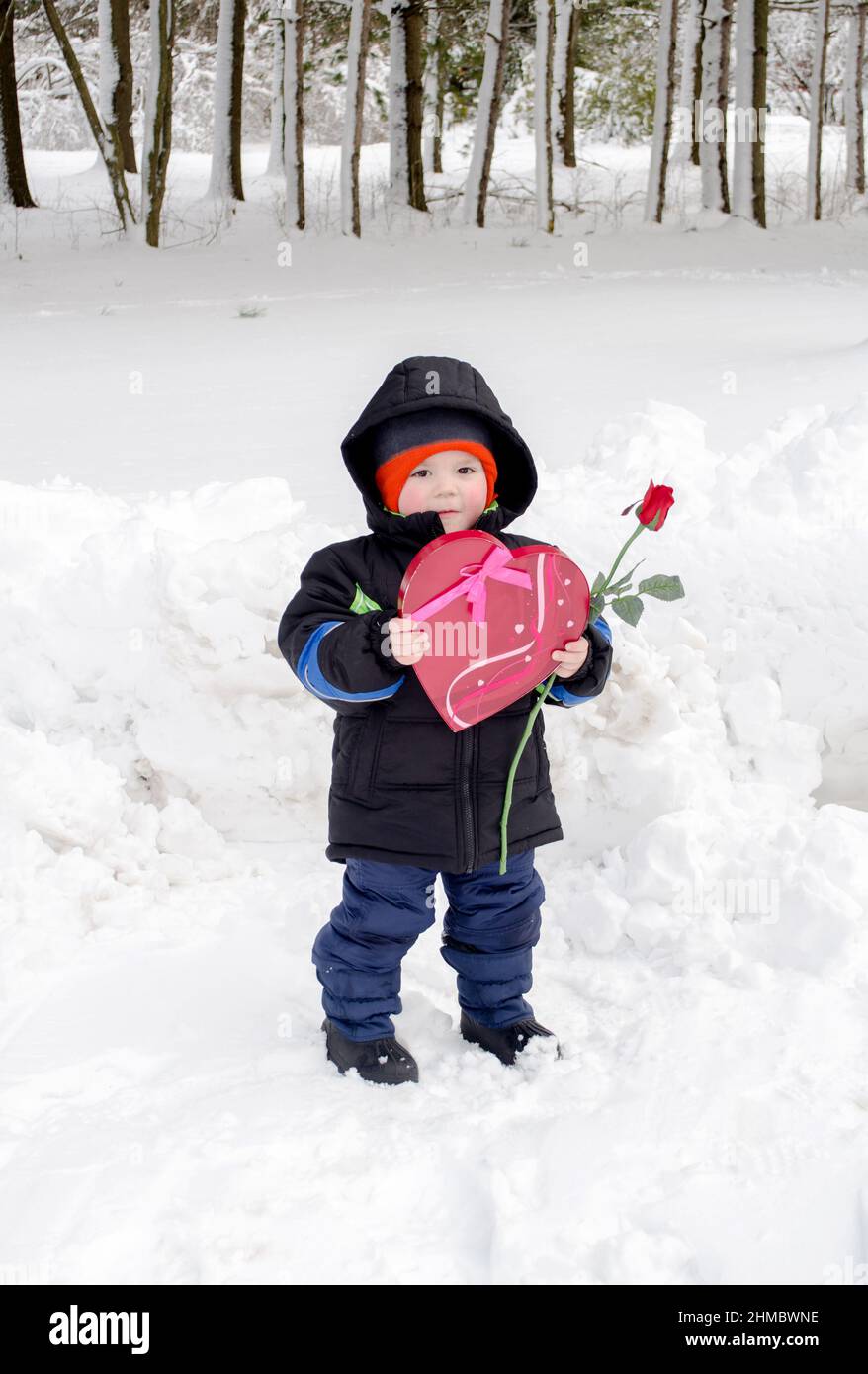 Garçon avec boîte coeur de bonbons et une rose rouge, romance pour sa favorite girl. maman ! Banque D'Images