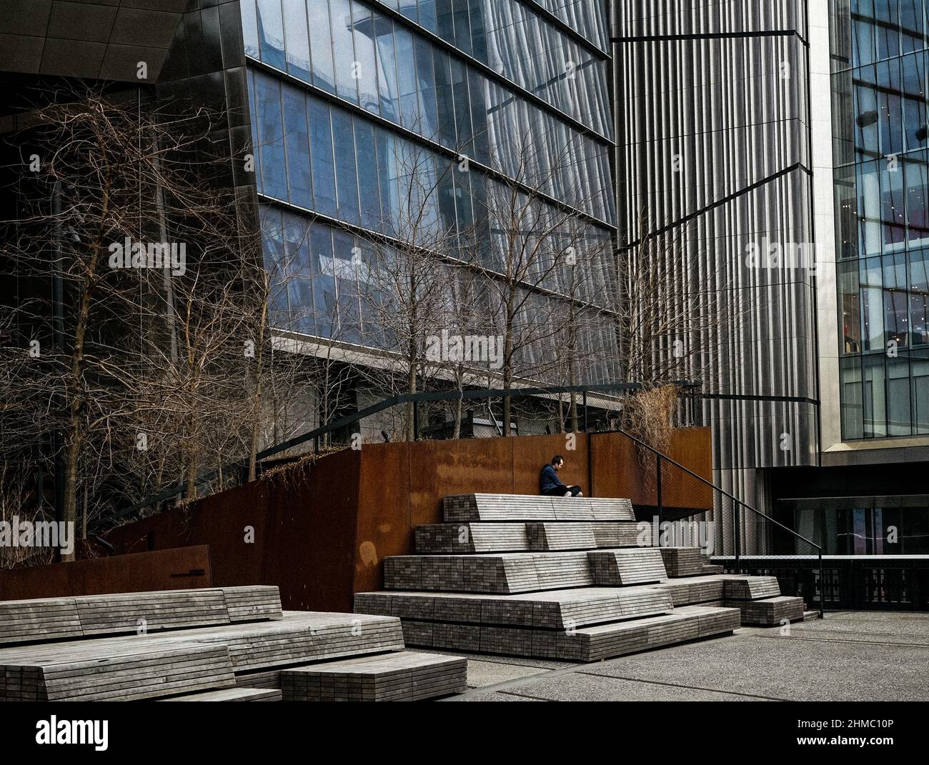 Moment de solitude sur la High Line, le parc urbain bien-aimé de New York sur la ligne de chemin de fer surélevée désutilisée. Banque D'Images