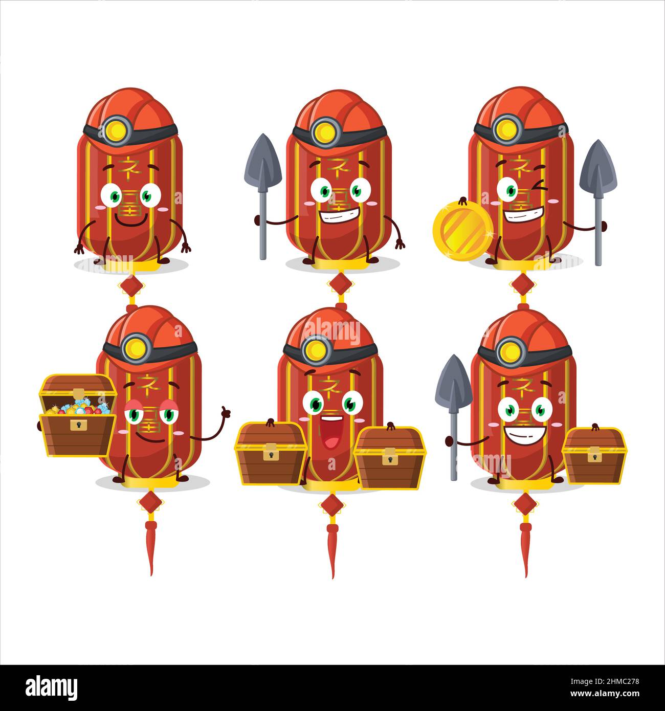 mineurs rouge chinois longue lampe adorable personnage mascotte portant un casque. Illustration vectorielle Illustration de Vecteur