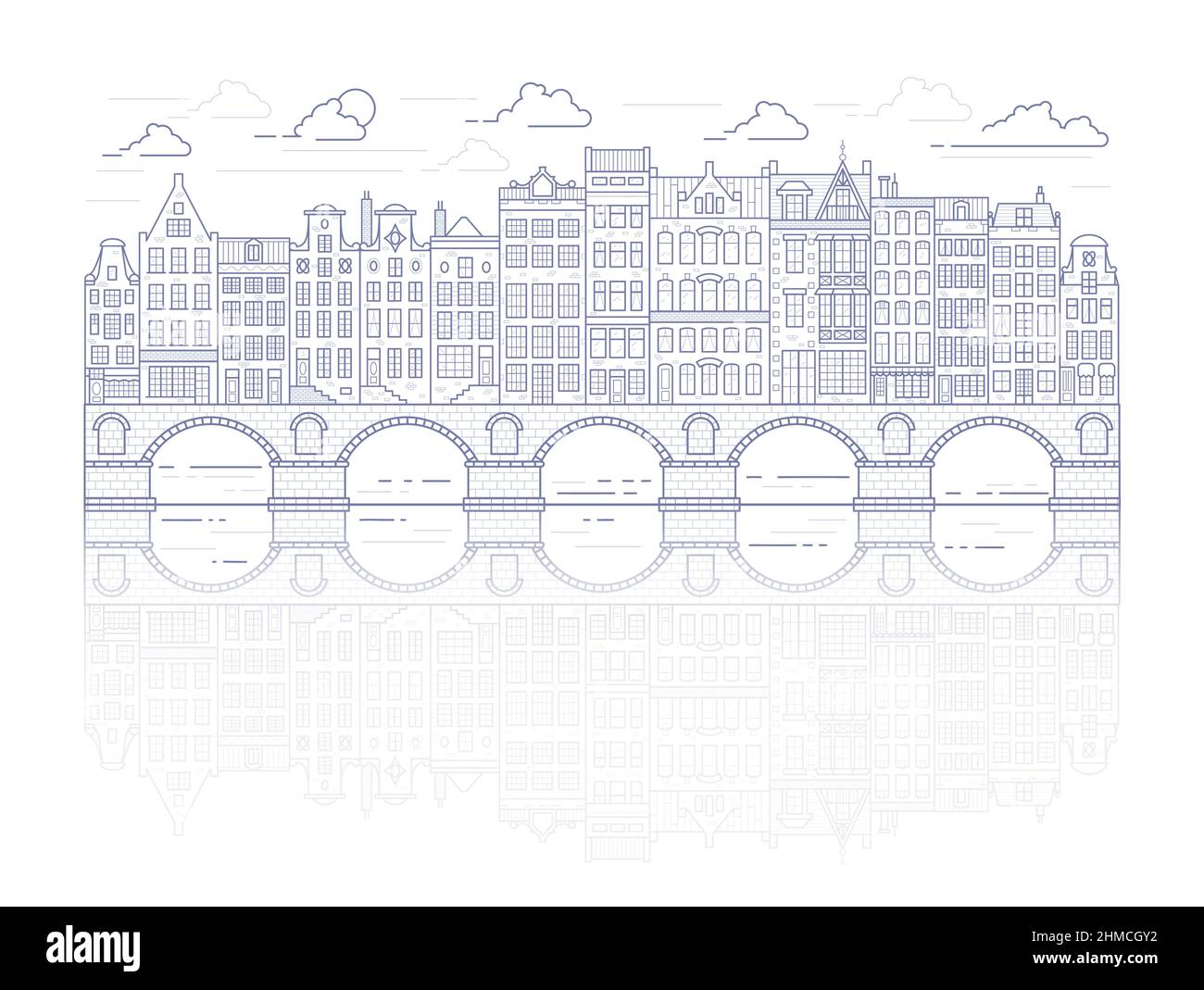 Maisons de style ancien d'Amsterdam.Maisons typiques des canaux hollandais bordées près d'un canal aux pays-Bas.Bâtiment et façades sur le pont.Contour vectoriel Illustration de Vecteur