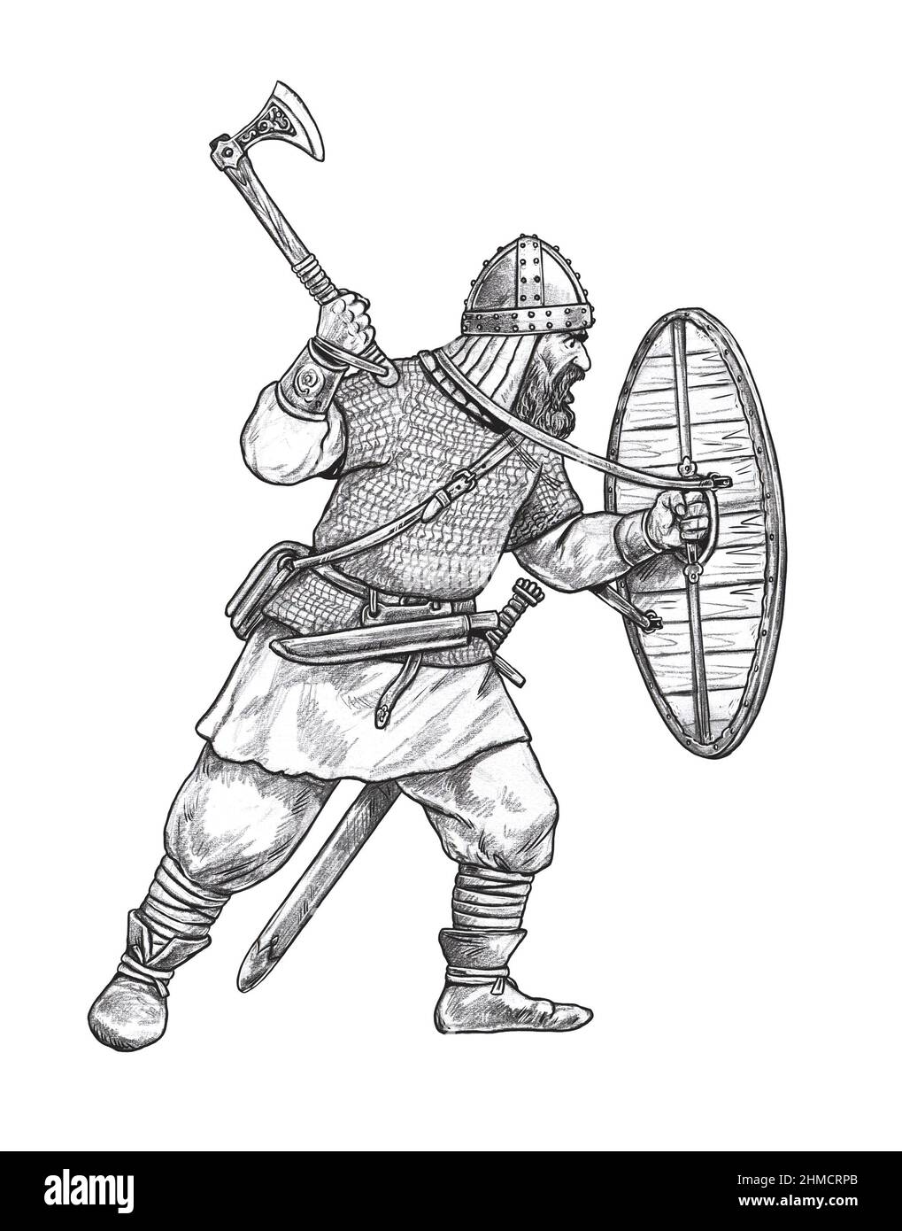 Viking avec hache. Guerrier normand au combat. Illustration chevalier médiéval. Banque D'Images