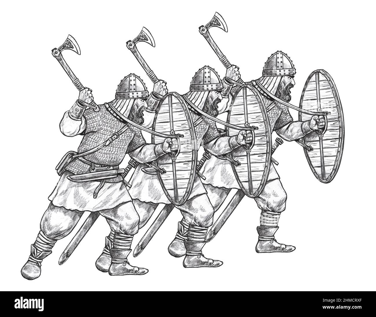 Attaque Vikings. Guerrier normand au combat. Illustration chevalier médiéval. Banque D'Images