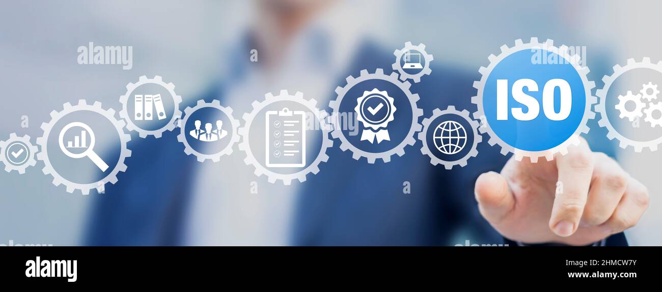 Processus de certification ISO et gestion de la qualité pour les entreprises et les entreprises. Certifié par l'Organisation internationale de normalisation. AQ, standardisation et Banque D'Images