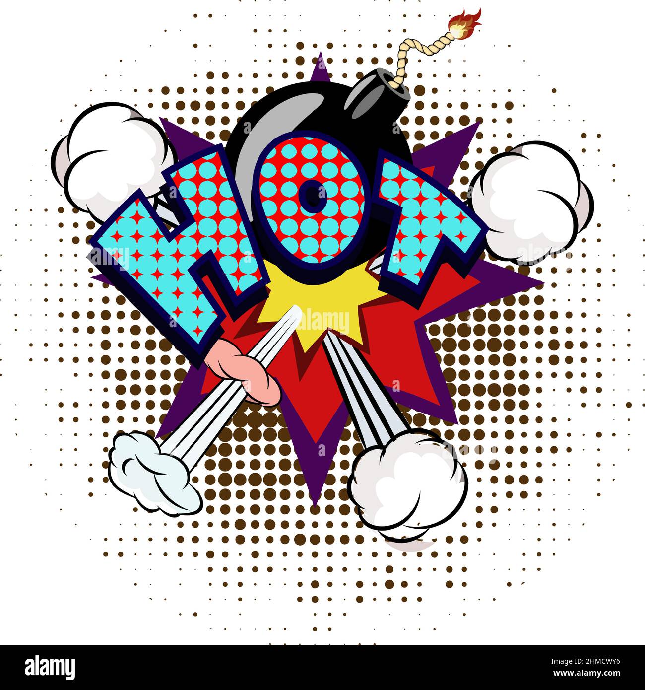 Affiche Hot Comic explosion bulle dans le style popart vintage. Vecteur de style dessin animé. Explosion de bulle de dessin animé vectoriel avec motif et ombre demi-ton. Génial Illustration de Vecteur