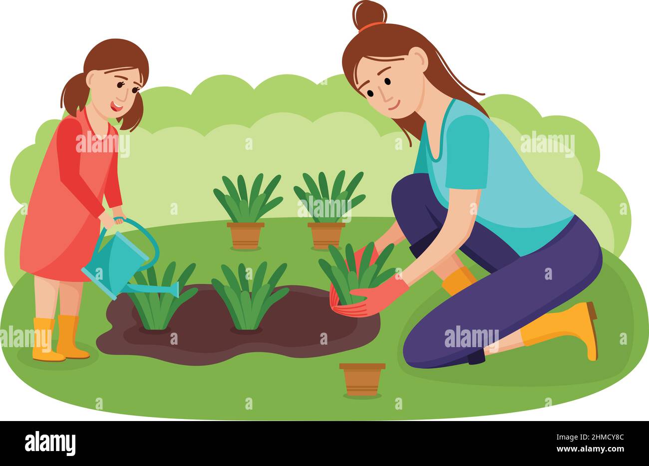 Mère et fille plantent des fleurs dans le jardin, illustration vectorielle Illustration de Vecteur