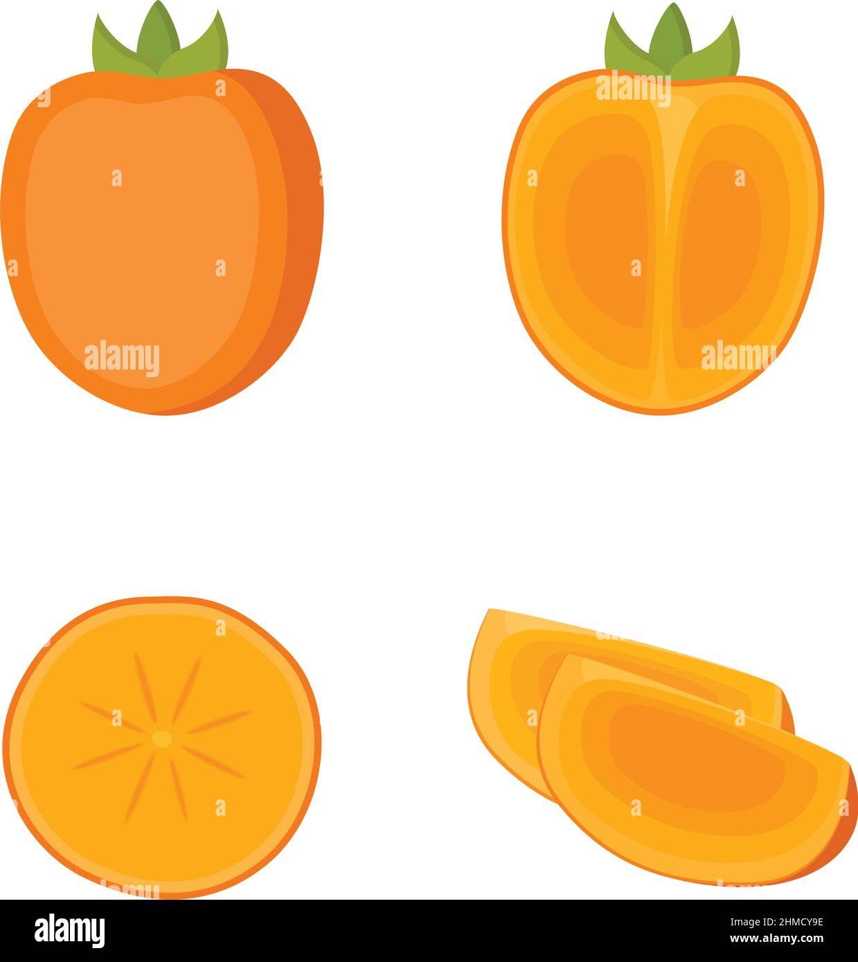 Persimmon, fruit entier, moitié et tranches, sur fond blanc, illustration vectorielle Illustration de Vecteur