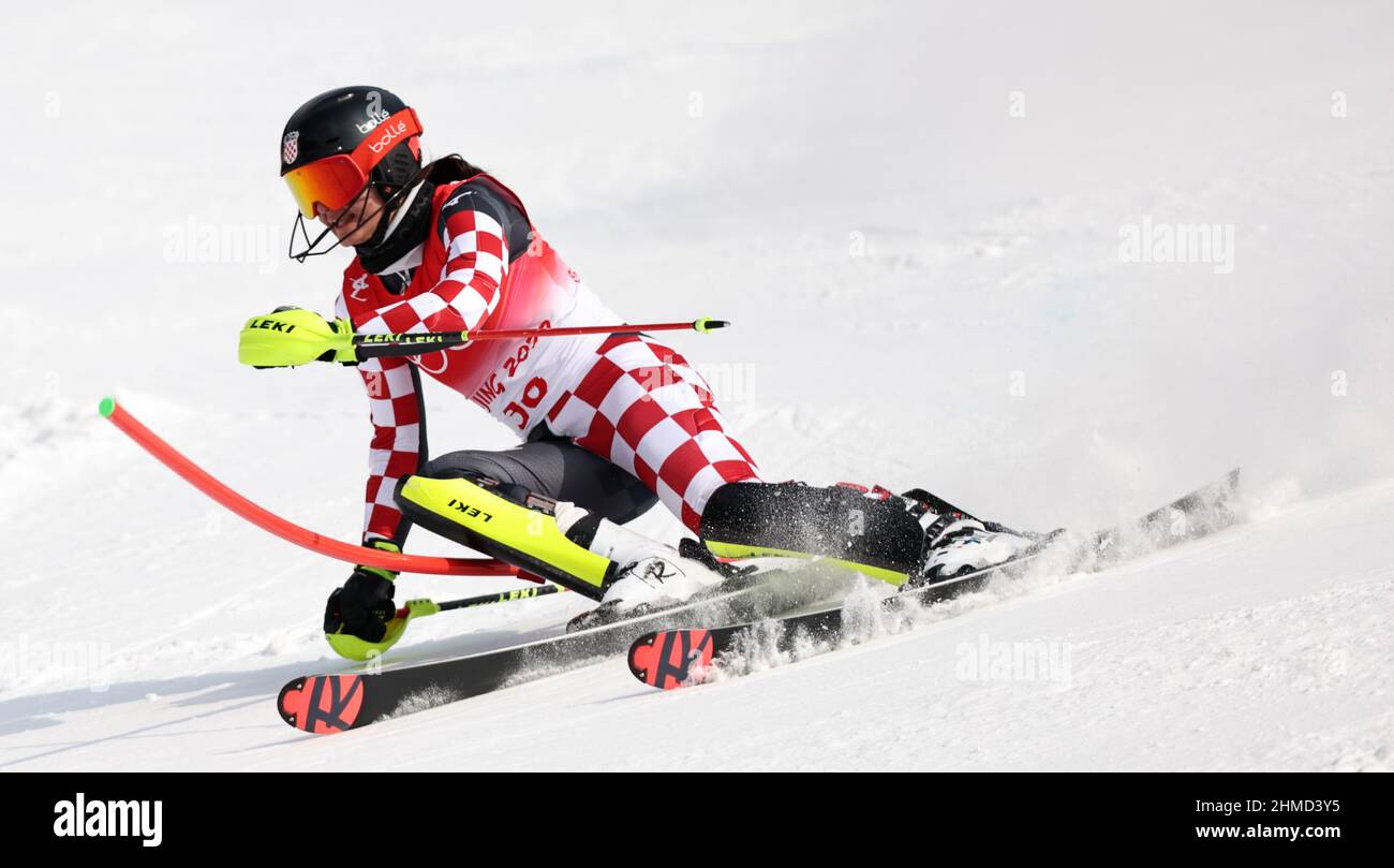 Pékin, Chine. 9th févr. 2022. Zrinka Ljutic, de Croatie, est en compétition pendant le slalom féminin de ski alpin au Centre national de ski alpin du district de Yanqing, à Beijing, capitale de la Chine, le 9 février 2022. Crédit : Chen Bin/Xinhua/Alay Live News Banque D'Images