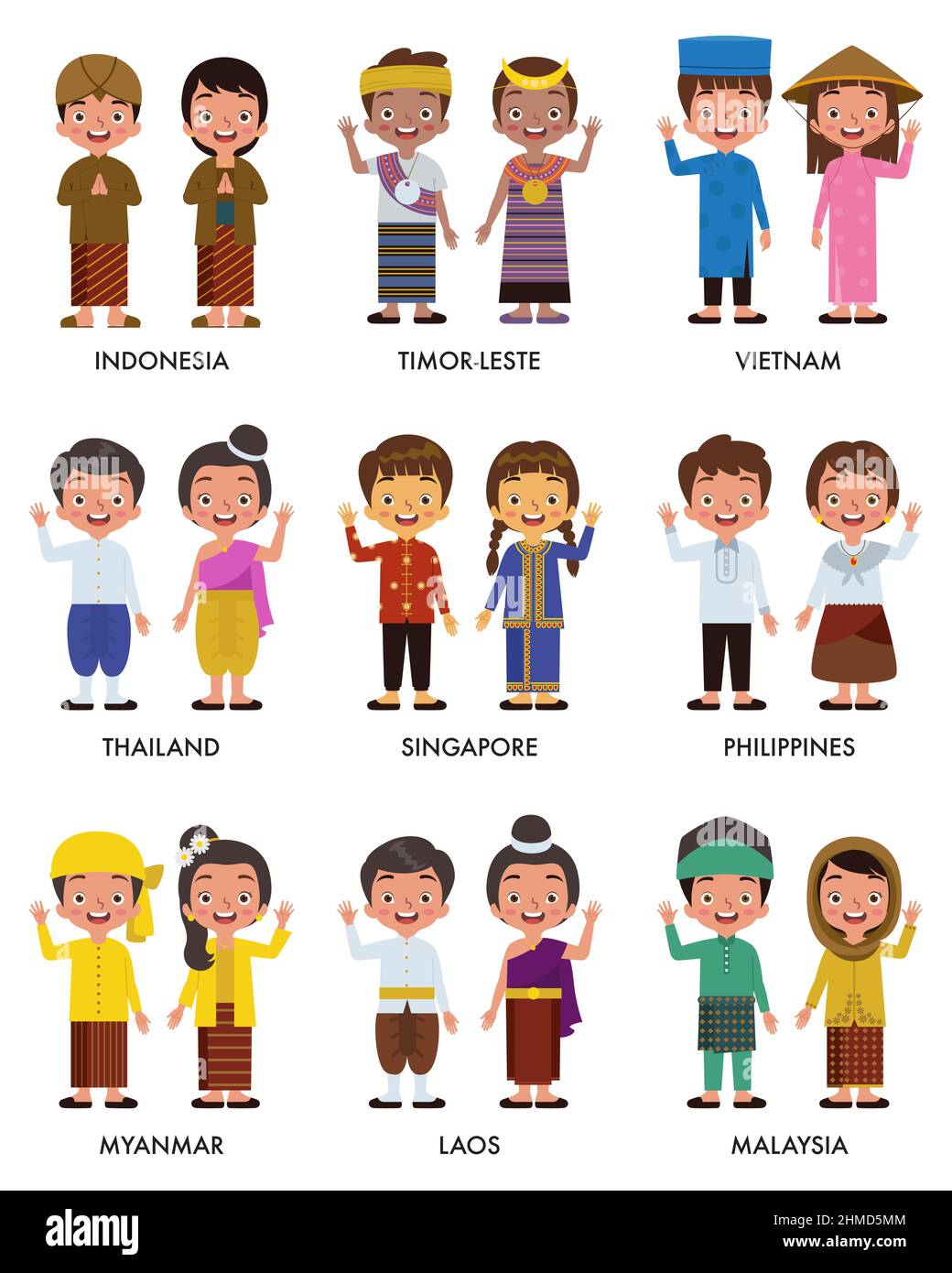 Ensemble d'illustrations pour enfants asiatiques portant des vêtements traditionnels de divers pays comme l'Indonésie, le Timor Leste, le Vietnam, la Thaïlande, Singapour, Réf Illustration de Vecteur